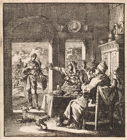 Family makes dismissive gestures to a poor man who asks for help, Jan Luyken, wed. Pieter Arentsz, Cornelis van der Sys II, 1711