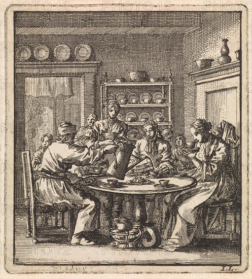 People sit at a table drinking coffee, print maker: Jan Luyken, wed. Pieter Arentsz & Cornelis van der Sys II, 1711