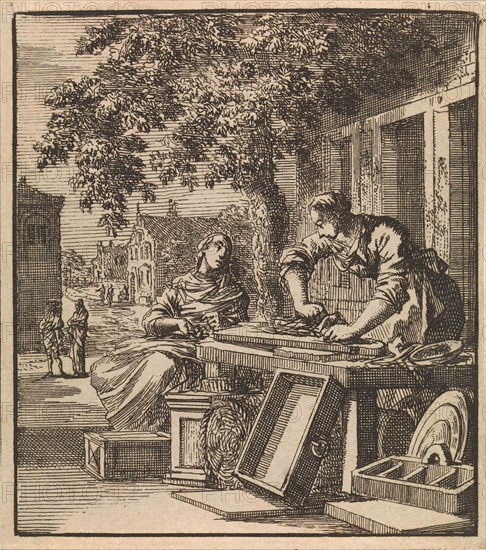 A man sands wood in front of the facade of a house, print maker: Jan Luyken, wed. Pieter Arentsz & Cornelis van der Sys II, 1711