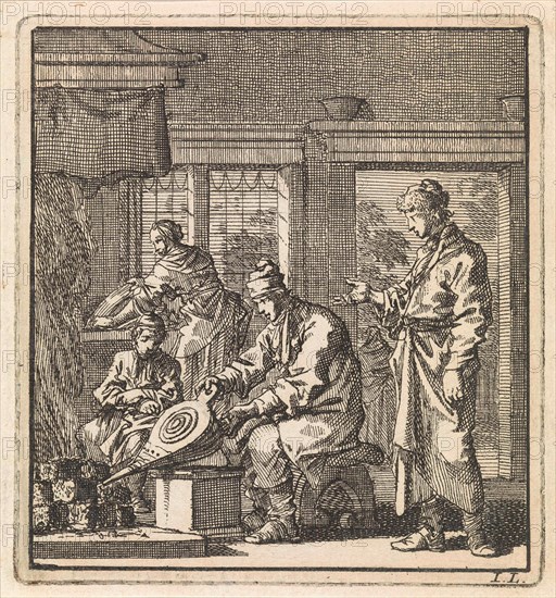 Man stokes the fire with a bellows, Jan Luyken, wed. Pieter Arentsz & Cornelis van der Sys (II), 1711