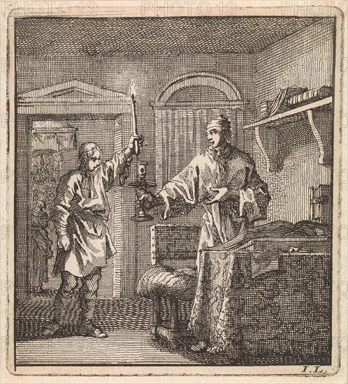 Man places a burning candle in the candlestick, Jan Luyken, wed. Pieter Arentsz, Cornelis van der Sys II, 1711