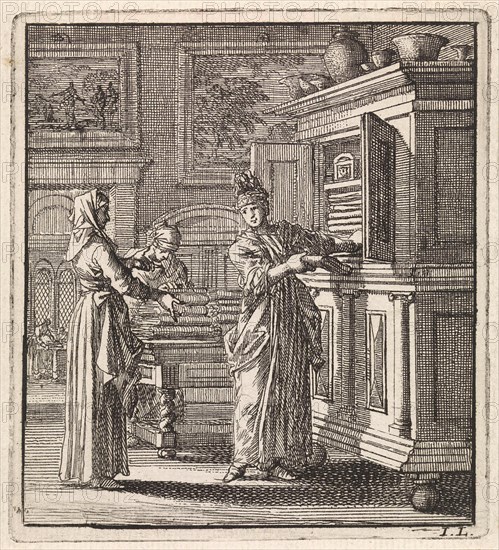 Woman takes things out of a cupboard, Jan Luyken, wed. Arentsz Pieter Cornelis, van der Sys II, 1711