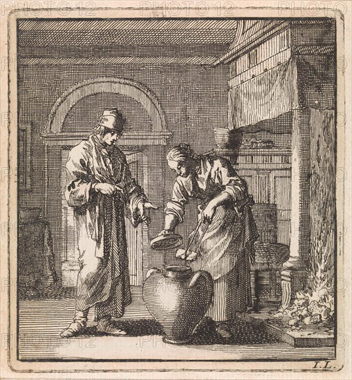 Woman places a coal in a pot, print maker: Jan Luyken, wed. Pieter Arentsz & Cornelis van der Sys II, 1711