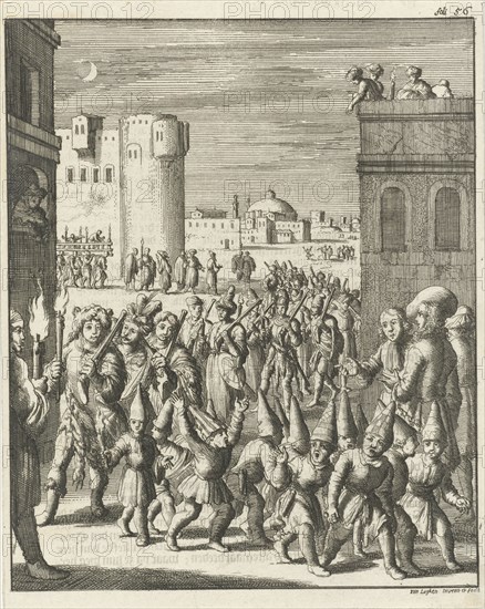 Procession of the shoemaker guild at Aleppo, preceded by a group of guys with paper pointed hats, Jan Luyken, 1682