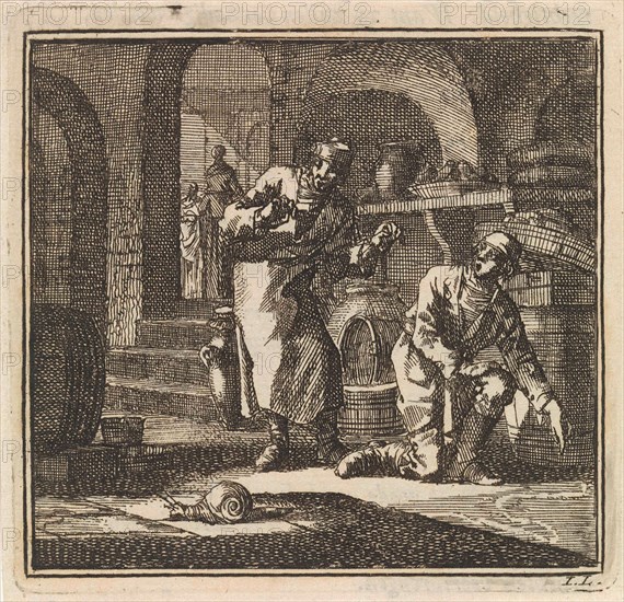 In a basement two men are looking at the trail of a snail, print maker: Jan Luyken, wed. Pieter Arentsz & Cornelis van der Sys II, 1711
