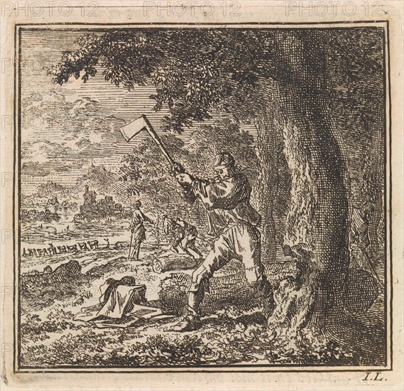 Lumberjack is working to cut down a tree, Jan Luyken, wed. Pieter Arentsz & Cornelis van der Sys (II), 1711