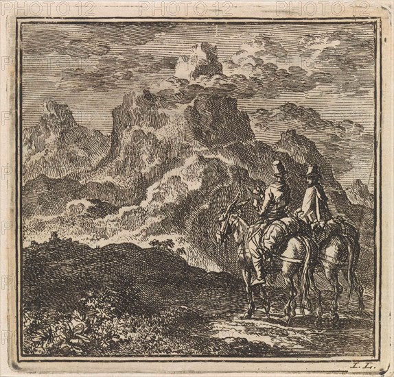 Two travelers on donkeys in the Alps, Jan Luyken, wed. Pieter Arentsz & Cornelis van der Sys (II), 1711