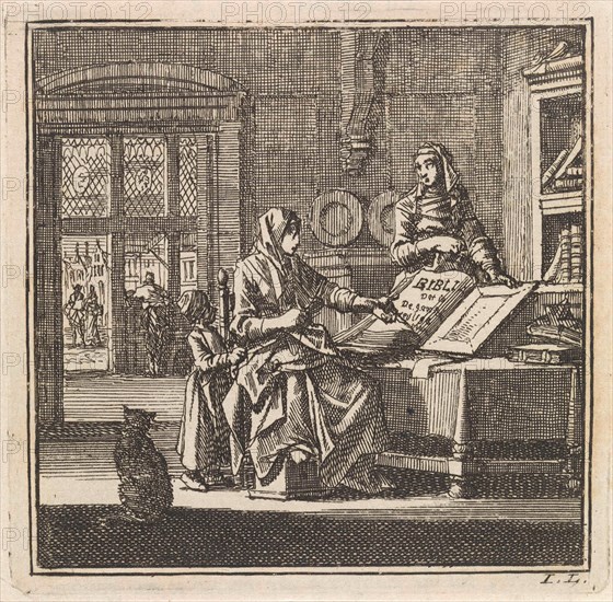 Two women stand near an open bible, print maker: Jan Luyken, wed. Pieter Arentsz & Cornelis van der Sys II, 1711