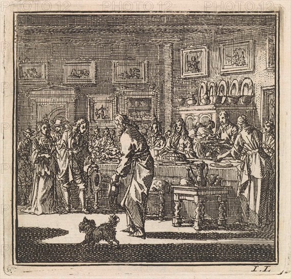 New guests are welcomed at a dinner, Jan Luyken, wed. Pieter Arentsz & Cornelis van der Sys II, 1711