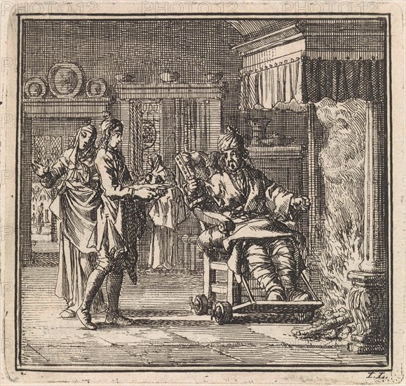 Man with gout gets food served at the fireplace, Jan Luyken, wed. Pieter Arentsz & Cornelis van der Sys (II), 1711
