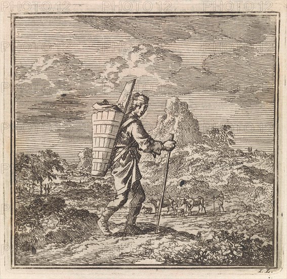 Hiker with a piece and a carrying basket in a hilly landscape, Jan Luyken, wed. Pieter Arentsz & Cornelis van der Sys (II), 1711