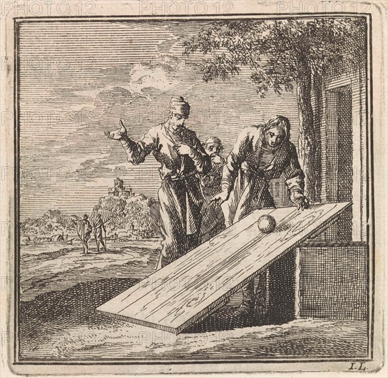 Two men let a ball roll down over a plank of wood, print maker: Jan Luyken, wed. Pieter Arentsz & Cornelis van der Sys II, 1711