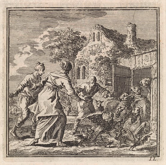 Three figures chasing sheep and poultry in their stable, Jan Luyken, wed. Arentsz Pieter Cornelis van der Sys II, 1711
