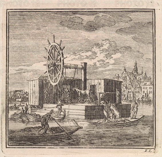 Dredger on the outskirts of a town, print maker: Jan Luyken, wed. Pieter Arentsz & Cornelis van der Sys II, 1711