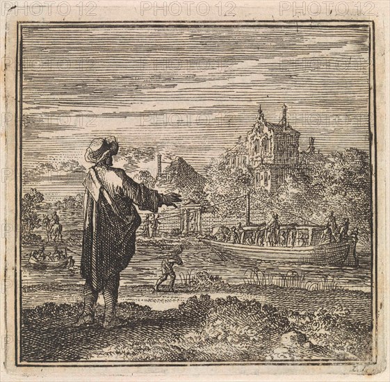 On the waterfront a man watches a barge, Jan Luyken, wed. Pieter Arentsz & Cornelis van der Sys (II), 1711
