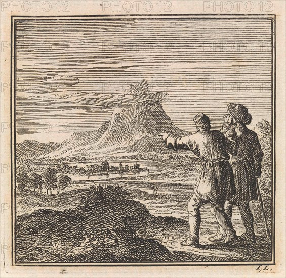 Two hikers looking out over a vast landscape, Jan Luyken, wed. Arentsz Pieter Cornelis van der Sys II, 1711