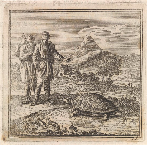 Two travelers admire a turtle, Jan Luyken, wed. Pieter Arentsz & Cornelis van der Sys (II), 1711