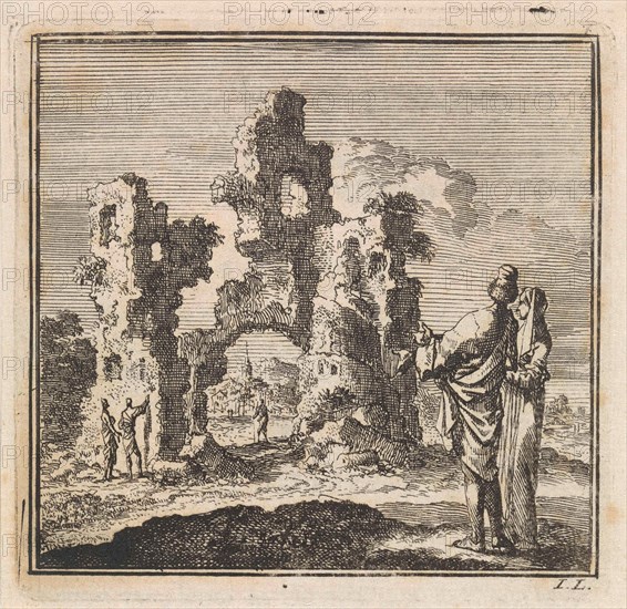 Two figures look at the ruins of a castle, Jan Luyken, wed. Pieter Arentsz & Cornelis van der Sys (II), 1711