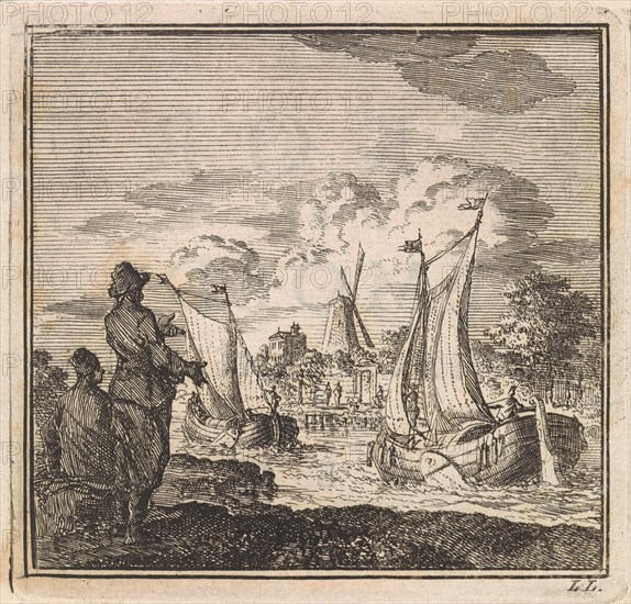 Two men watching sailing ships, Jan Luyken, wed. Pieter Arentsz & Cornelis van der Sys (II), 1710