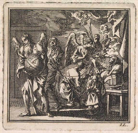 Death is about to cut the thread of life of a dying woman, Jan Luyken, wed. Pieter Arentsz, Cornelis van der Sys II, 1710