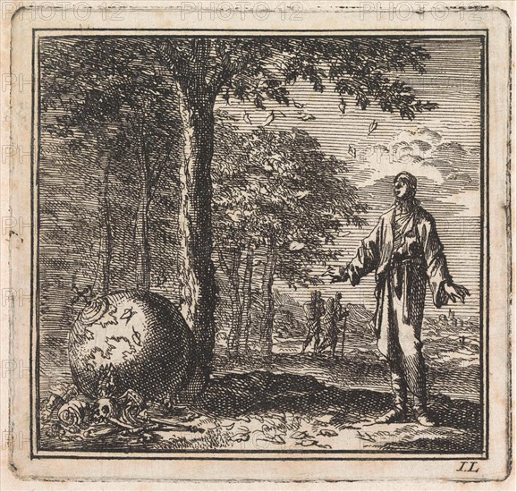 Man sees a tree which is losing its leaves, next to which lies a globe among bones, Jan Luyken, wed. Pieter Arentsz & Cornelis van der Sys (II), 1710