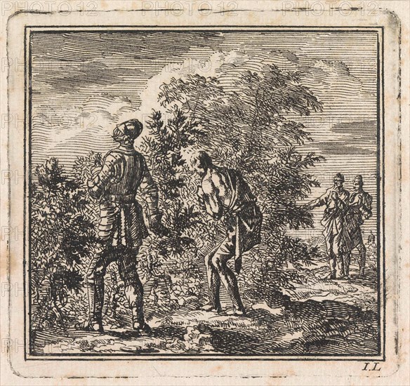 Armored man and half-naked man trying to walk through a pricklebush, Jan Luyken, wed. Pieter Arentsz, Cornelis van der Sys II, 1710