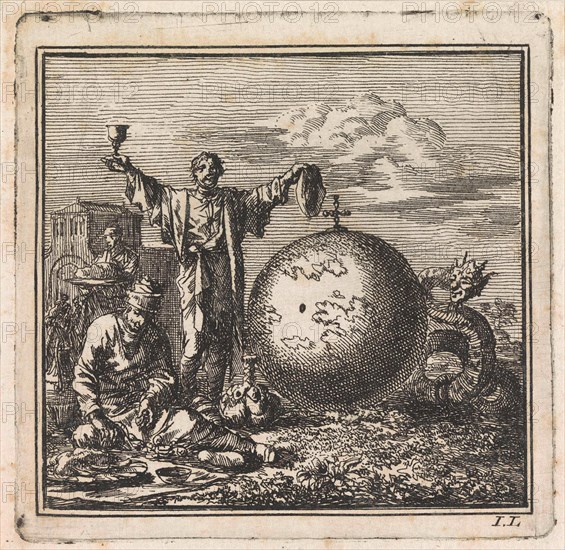 Two men enjoy food and drink while Satan is watching from behind the globe, print maker: Jan Luyken, wed. Pieter Arentsz & Cornelis van der Sys II, 1710