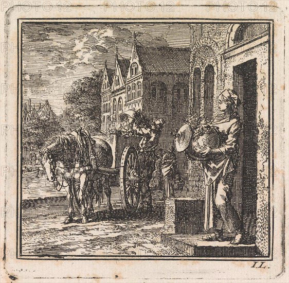 Woman in front of a house with a trash can in the form of a globe, Jan Luyken, bet. Pieter Arentsz, Cornelis van der Sys II, 1710