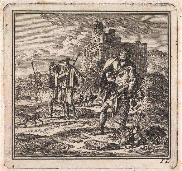 Man with a globe in his arms drops valuables, Jan Luyken, wed. Pieter Arentsz & Cornelis van der Sys (II), 1710