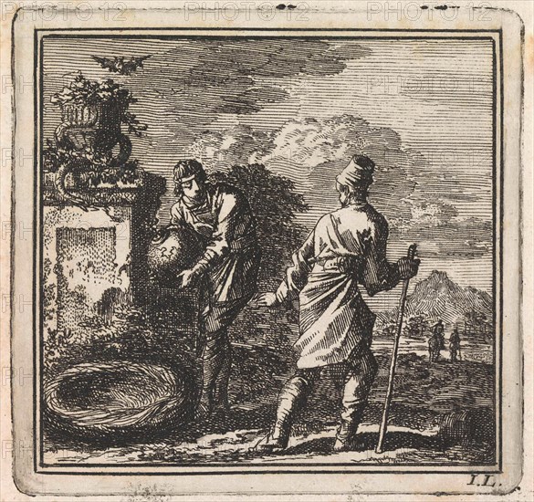 Man is about to lay a globe in a nest, Jan Luyken, wed. Pieter Arentsz & Cornelis van der Sys (II), 1710