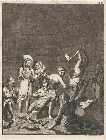 Figures find a mummy in a pyramid, Jan Luyken, 1681