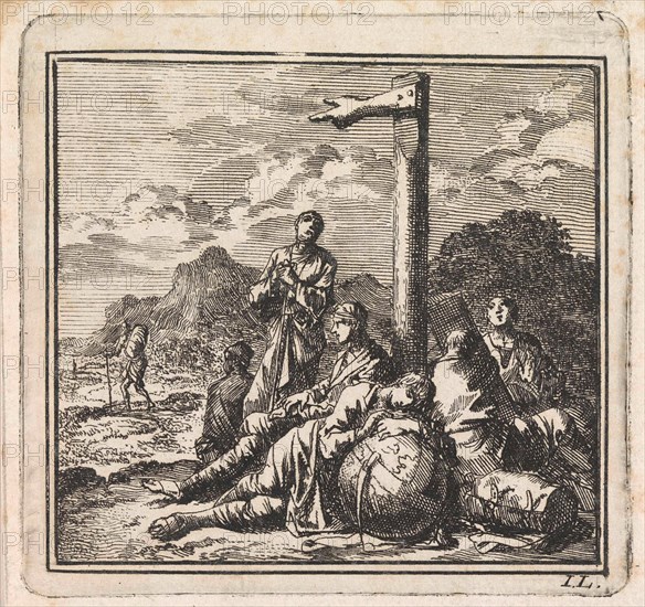 Six figures near a globe at a signpost, Jan Luyken, wed. Pieter Arentsz & Cornelis van der Sys (II), 1710