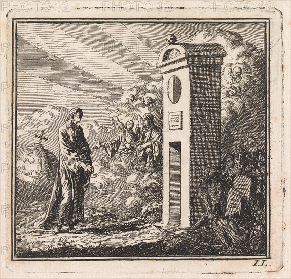 Man before the gate of the dead world, print maker: Jan Luyken, wed. Pieter Arentsz & Cornelis van der Sys II, 1710
