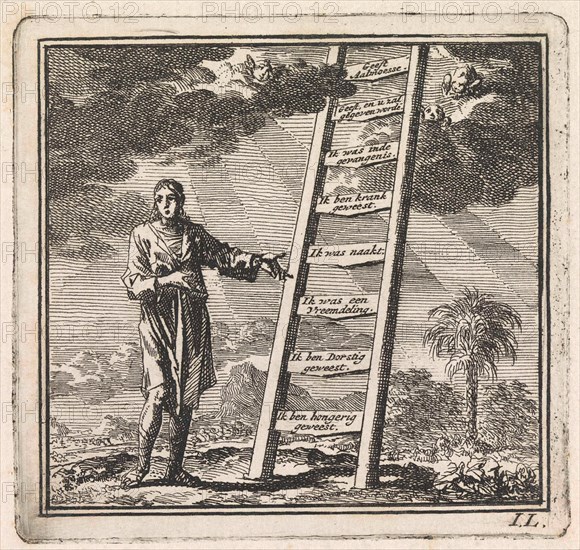 Man points to a ladder reaching to heaven, Jan Luyken, wed. Pieter Arentsz & Cornelis van der Sys (II), 1710