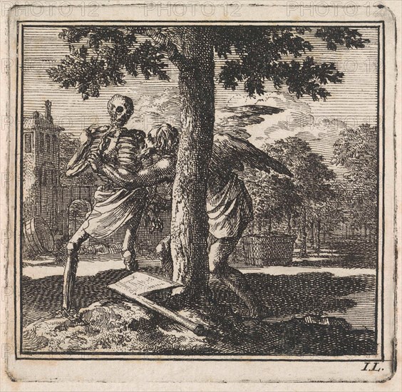 Father Time keeps death from chopping down a tree, Jan Luyken, wed. Pieter Arentsz & Cornelis van der Sys (II), 1710