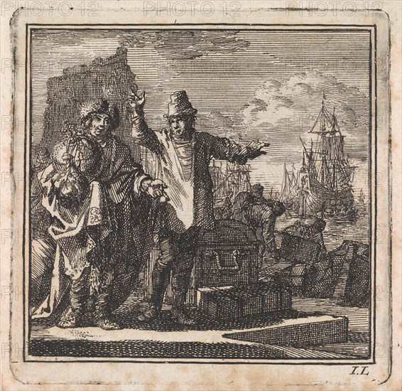 Conversation in a harbour between a man with a globe in his hands and a poorly dressed man with treasures, Jan Luyken, wed. Pieter Arentsz & Cornelis van der Sys (II), 1710