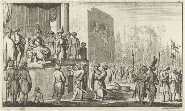 Man negotiates on throne with the leaders of the rebellious Janitzaren at Constantinople, Jan Luyken, 1681