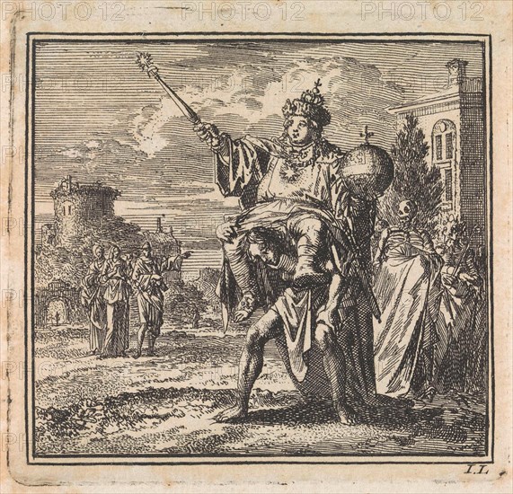 Man is burdened by the weight of the dignitary on his back, whose cloak is carried by death and the devil, Jan Luyken, wed. Pieter Arentsz, Cornelis van der Sys II, 1710