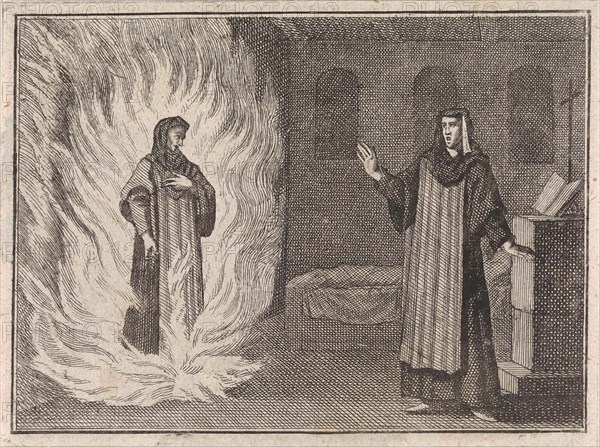 Johanna Catherine appears as a spirit in purgatory for her friend Magdalena S. Ã  Alexio, print maker: Caspar Luyken, Christoph Weigel, Frantz Martin Hertzen, 1710