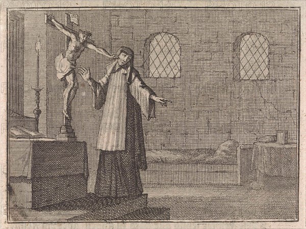 Crucifix pricks a nail in the cheek of a fleeing nun, Caspar Luyken, Christoph Weigel, Frantz Martin Hertzen, 1710