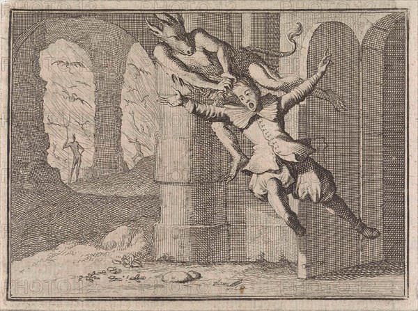 Soldier towed to hell by a devil because he refused to confess, Caspar Luyken, Christoph Weigel, Frantz Martin Hertzen, 1710