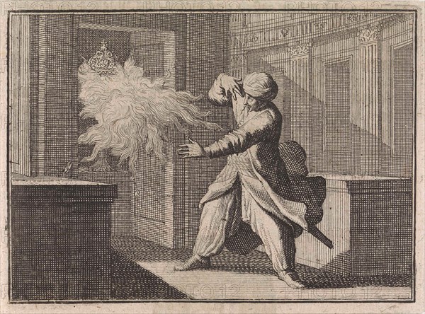 Oriental man looks out of curiosity in a closet at a host chalice, from which as punishment a flame bursts out, Caspar Luyken, Christoph Weigel, Frantz Martin Hertzen, 1710