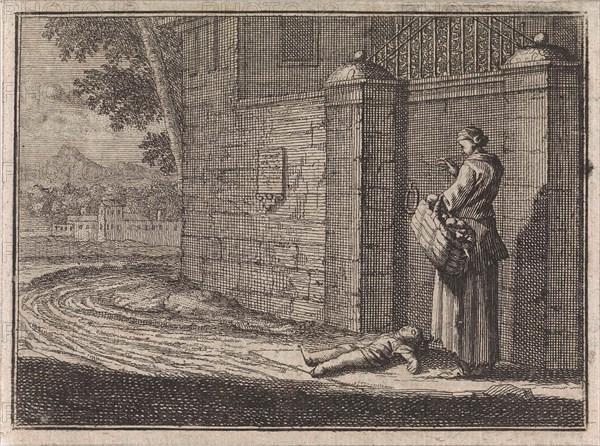 Fruit Vendor lays her dead child before the castle of Lille, France, print maker: Caspar Luyken, Christoph Weigel, Frantz Martin Hertzen, 1710