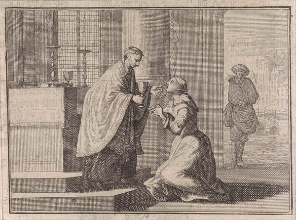 Priest gives a host to a woman kneeling before the altar, Caspar Luyken, Christoph Weigel, Frantz Martin Hertzen, 1710