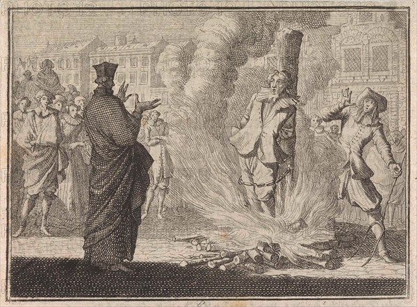 Man is burned alive while a clergyman talks to him, Caspar Luyken, Christoph Weigel, Frantz Martin Hertzen, 1710