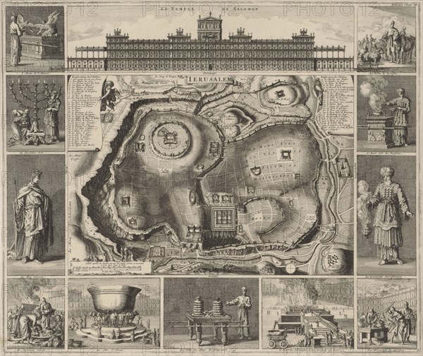 Jerusalem Map with around twelve images, Jan Luyken, Henri Desbordes, Pieter Mortier, 1707