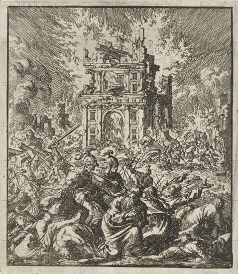 Romans kill the Jews, while the Temple burns, print maker: Jan Luyken, Jan Rieuwertsz. II, Barent Visscher, 1706