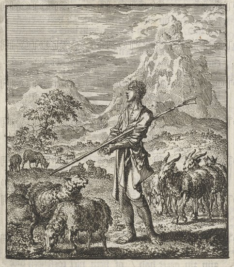 Moses with his shepherd's staff under the arm is in the midst of his flock in the wilderness of Midian, print maker: Jan Luyken, Jan Rieuwertsz. II, Barent Visscher, 1706