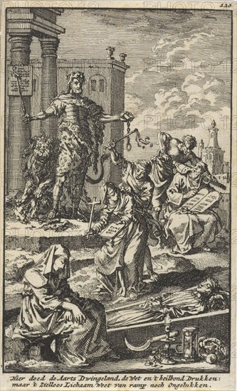 Tyrant watches as the personifications of the Law and Faith are suppressed, Jan Luyken, Jacob van Royen, 1706