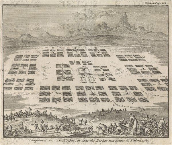 Tent Camps of the twelve tribes of Israel arranged around the tabernacle, Jan Luyken, Pieter Mortier, 1705